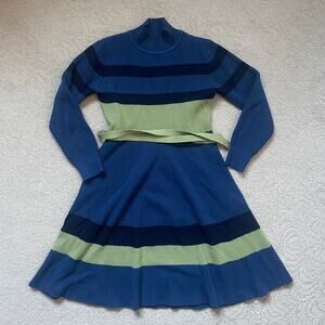 Korean Vintage style Blue Mock Neck Stripe dress - sz S/M